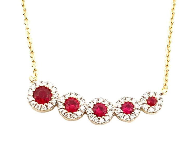 14K Yellow Gold Ruby and Diamond Necklace, 5 Rubies 0.41 CTW with 53 Diamonds 0.17 CTW