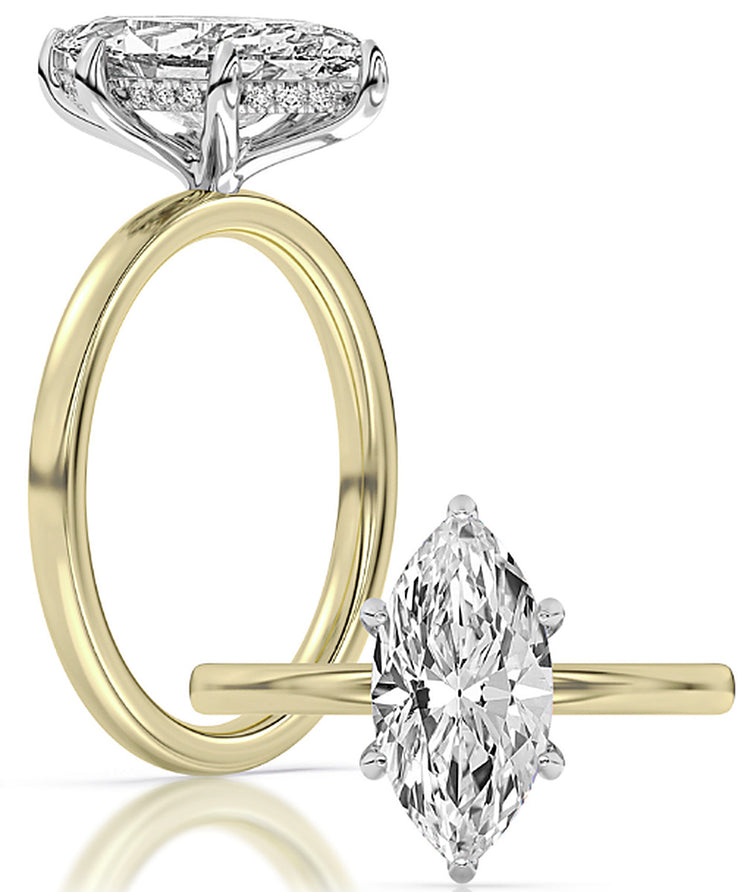 14k Yellow And White Gold Hidden Halo Solitaire Engagement Ring Set With Certified TrueNorth 100 Facet Lab-Grown Diamond 2 ct Marquise Center