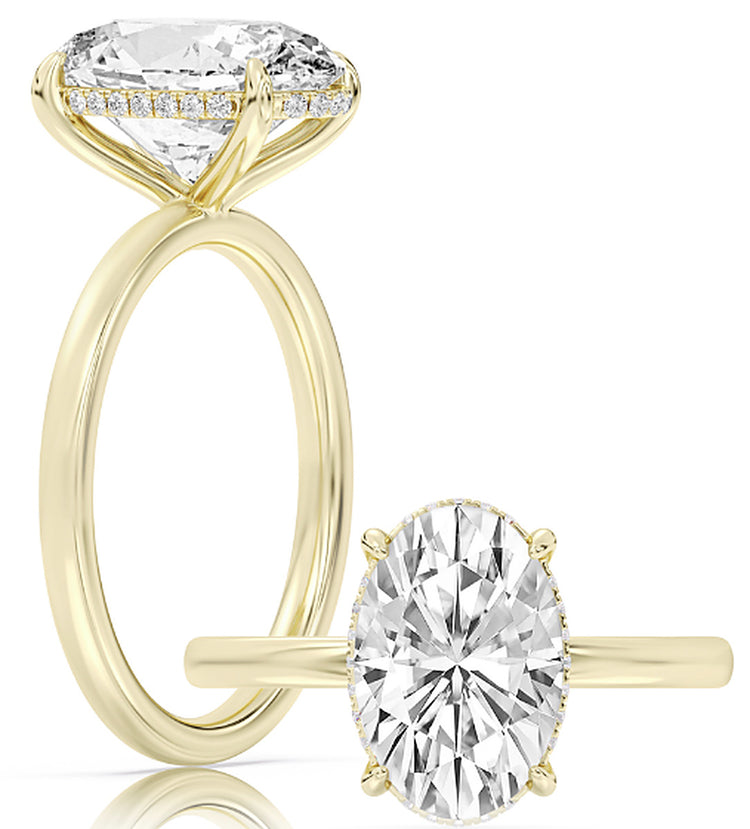 14k Yellow Gold Hidden Halo Solitaire Engagement Ring Set With Certified TrueNorth 100 Facet Lab-Grown Diamond 2 ct Oval Center