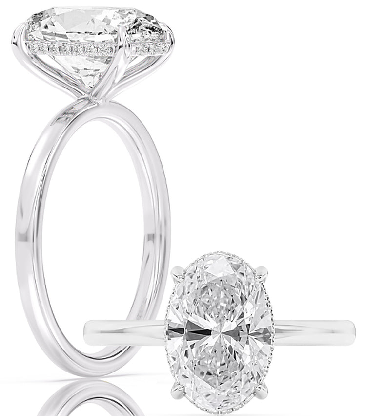 14k White Gold Hidden Halo Solitaire Engagement Ring Set With Certified TrueNorth 100 Facet Lab-Grown Diamond 3 ct Oval Center