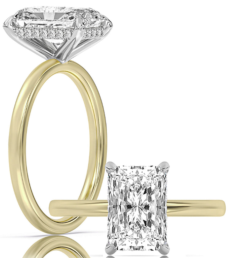 14k Yellow And White Gold Oversized Hidden Halo Solitaire Engagement Ring Set With Certified TrueNorth 100 Facet Lab-Grown Diamond 4 ct Radiant Center