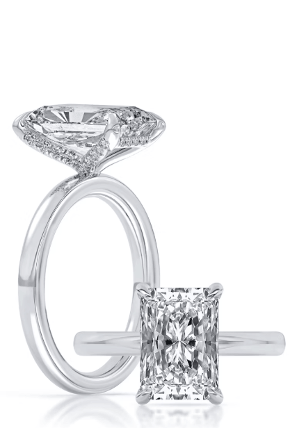 14k Yellow And White Gold Hidden Halo Engagement Ring Set With Certified TrueNorth 100 Facet Lab-Grown Diamond 3.09 ct Radiant Center
