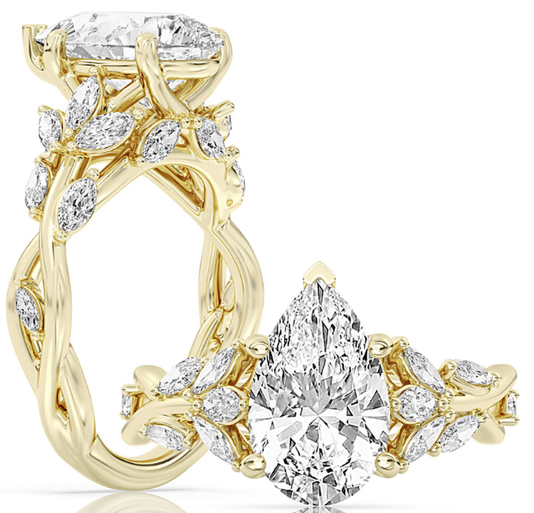 14k Yellow Gold Statement Engagement Ring Set With Certified TrueNorth 100 Facet Lab-Grown Diamond 3 ct Pear Center