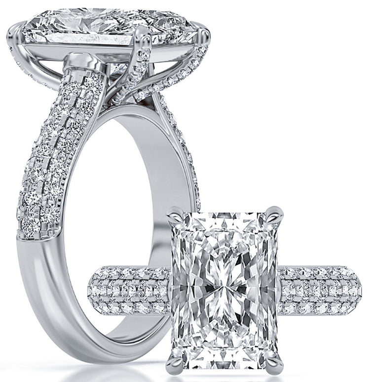 14k White Gold Statement Engagement Ring Set With Certified TrueNorth 100 Facet Lab-Grown Diamond 5 ct Radiant Center, 6.02 ct Total Weight