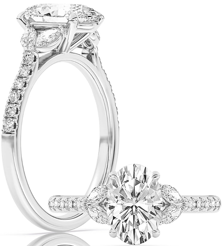 14k White Gold Statement Engagement Ring Set With Certified TrueNorth 100 Facet Lab-Grown Diamond 2 ct Oval Center