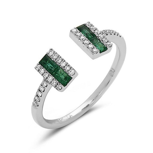 14K White Gold 4 Emerald Open Ring with 0.13 CTW Diamonds