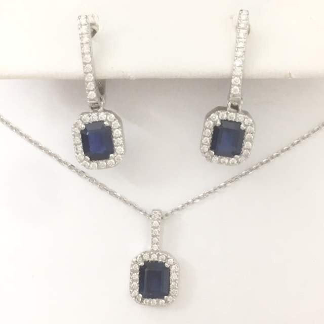14K White Gold Sapphire and Diamond Jewelry Set, 1.95 CTW Sapphires with 0.29 CTW Diamonds
