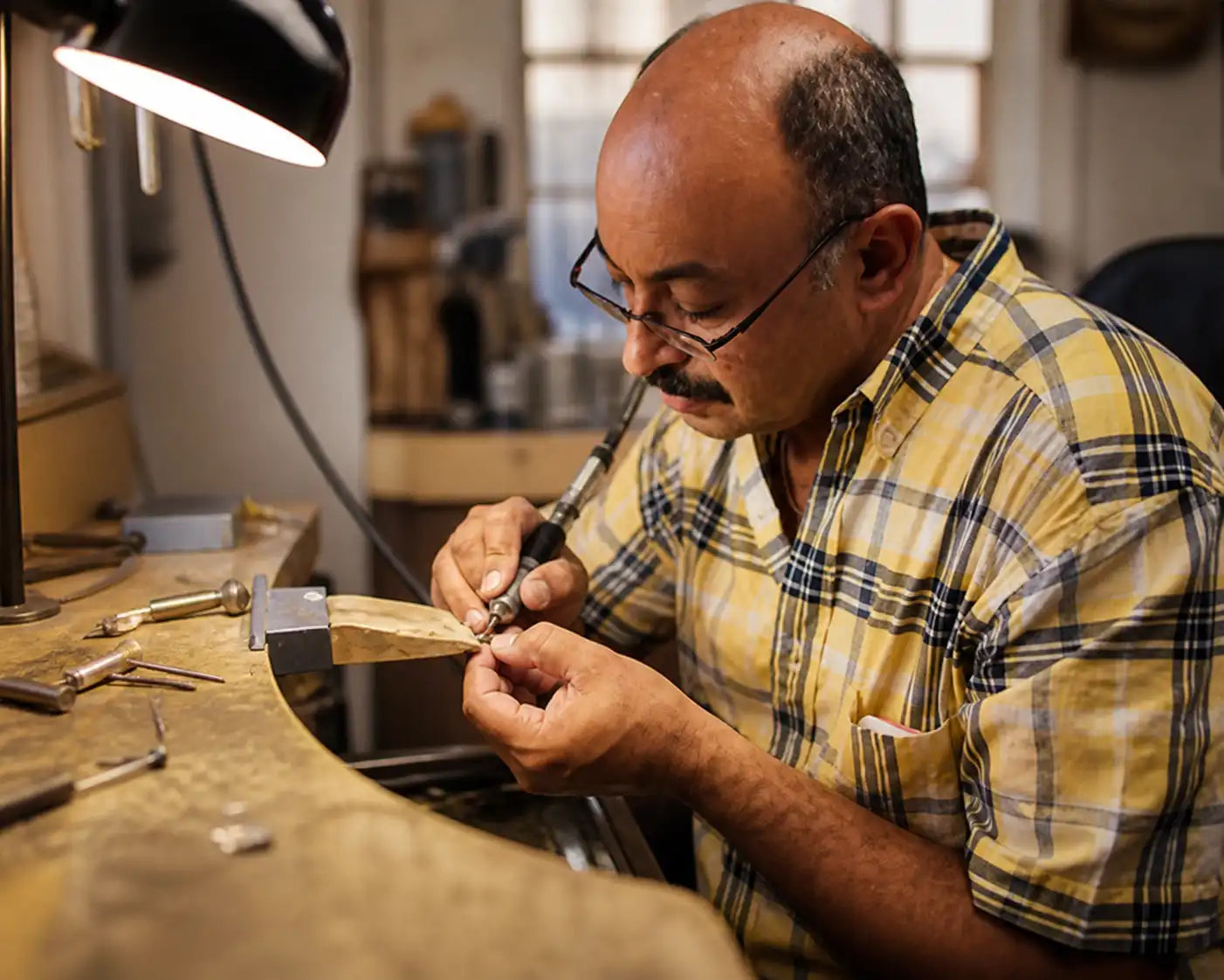Lustig Jewelers' in-house jeweler crafting a custom piece at the bench