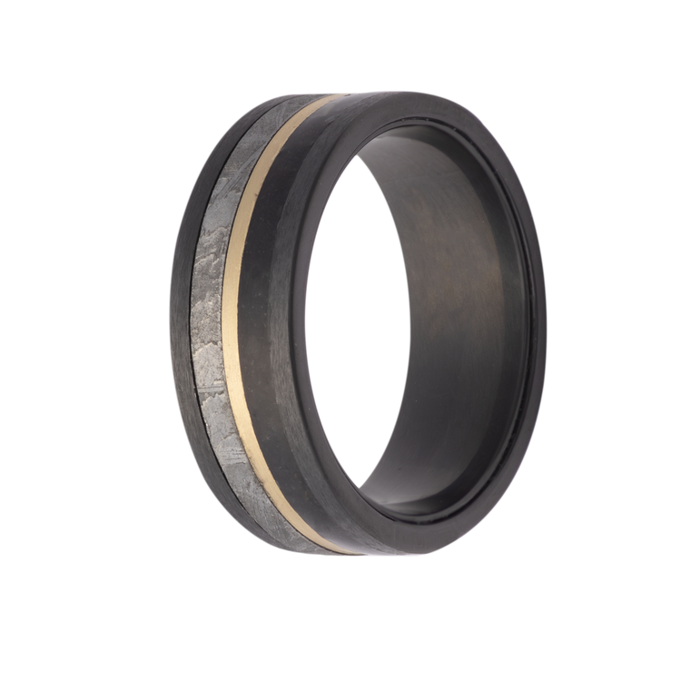 8MM Zirconium Men's Band with Meteorite, 14K Gold & Megalodon Inlay