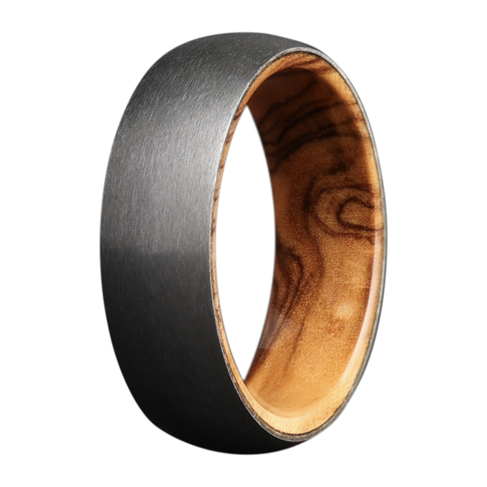 7MM Zirconium Satin Dome Men's Band with Olive Wood Sleeve