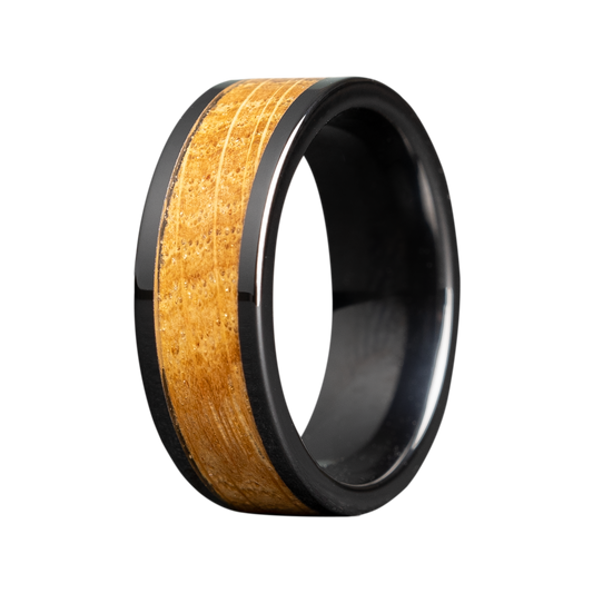 8MM Black Ceramic Men's Band with Whiskey Barrel Wood Inlay