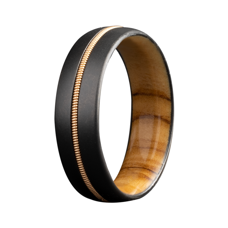 7MM Zirconium Men's Band with Guitar String Inlay & Olive Wood Sleeve