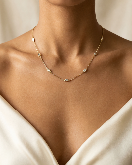 Marquise Lab Grown Diamond Station Necklace 14K Yellow Gold 3ct