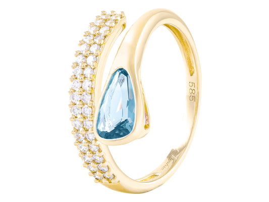 14K Yellow Gold Diamond and Swiss Blue Topaz Bypass Ring, 0.27 CT