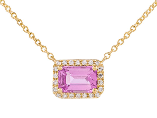 14K Yellow Gold Pink Sapphire Halo Necklace with 0.06 CT Diamonds, Adjustable 16-18 Inch