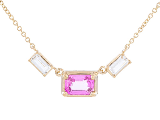 14K Yellow Gold Pink Sapphire and Topaz Pendant, 0.59 CT Sapphire, Adjustable 16-18 Inch