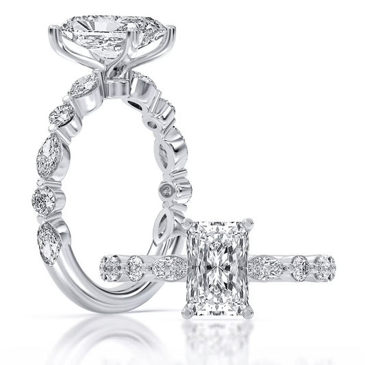 14k White Gold Engagement Ring Set With Certified TrueNorth 100 Facet Lab-Grown Diamond 3.10 ct Radiant Center With Marquise And Round Accents