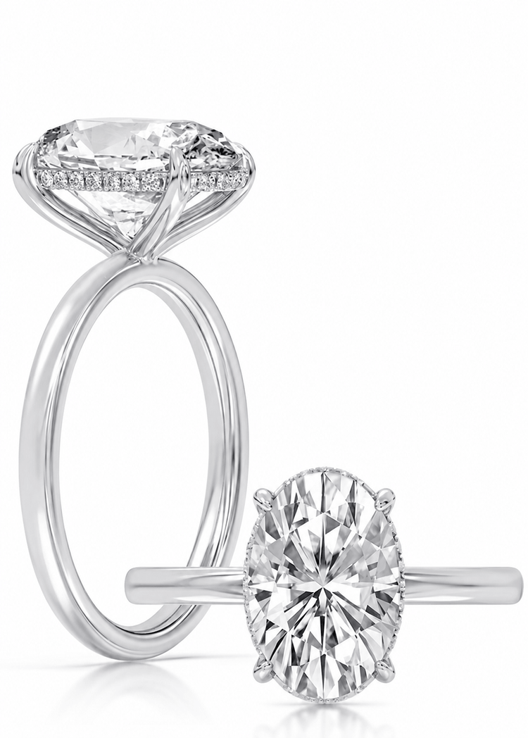 14k White Gold Hidden Halo Solitaire Engagement Ring Set With Certified TrueNorth 100 Facet Lab-Grown Diamond 3.09 ct Oval Center