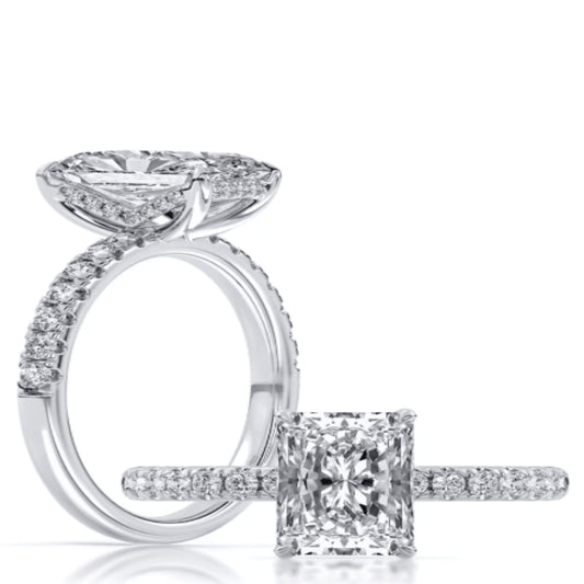 14k Yellow And White Gold Hidden Halo Engagement Ring Set With Certified TrueNorth 100 Facet Lab-Grown Diamond 2.50 ct Radiant Center