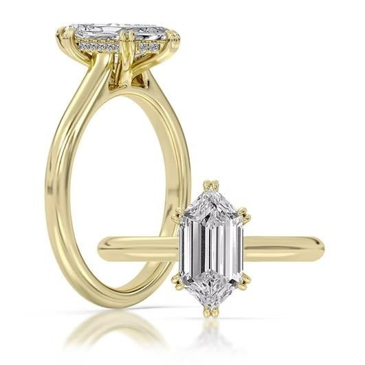14k Yellow Gold Hidden Halo Engagement Ring Set With Certified TrueNorth 100 Facet Lab-Grown Diamond 2.05 ct Hexagon Center