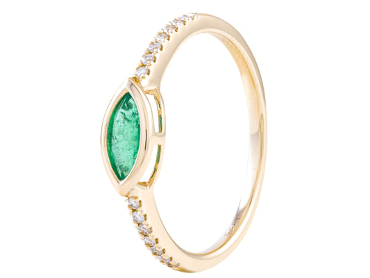 14K Yellow Gold Emerald and Marquise Shape Ring with 0.10 CTW Diamonds