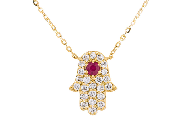 14K Yellow Gold Ruby and Diamond Hamsa Necklace, 0.21 CT Diamonds, Adjustable 16-18 Inch