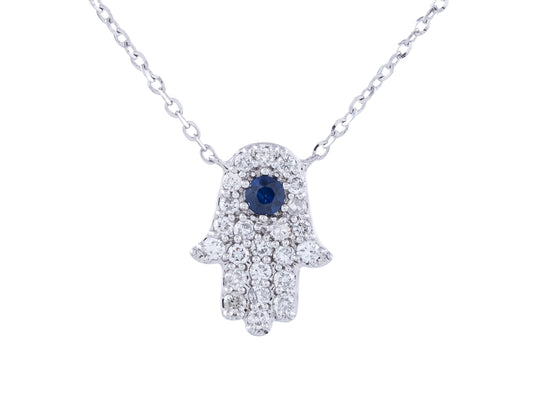 14K White Gold Sapphire and Diamond Hamsa Necklace, 0.21 CT Diamonds, Adjustable 16-18 Inch