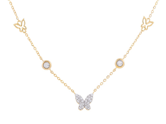 14K Yellow Gold Bezel Diamond Butterfly Necklace, 0.10 CTW, Adjustable 16-18 Inch