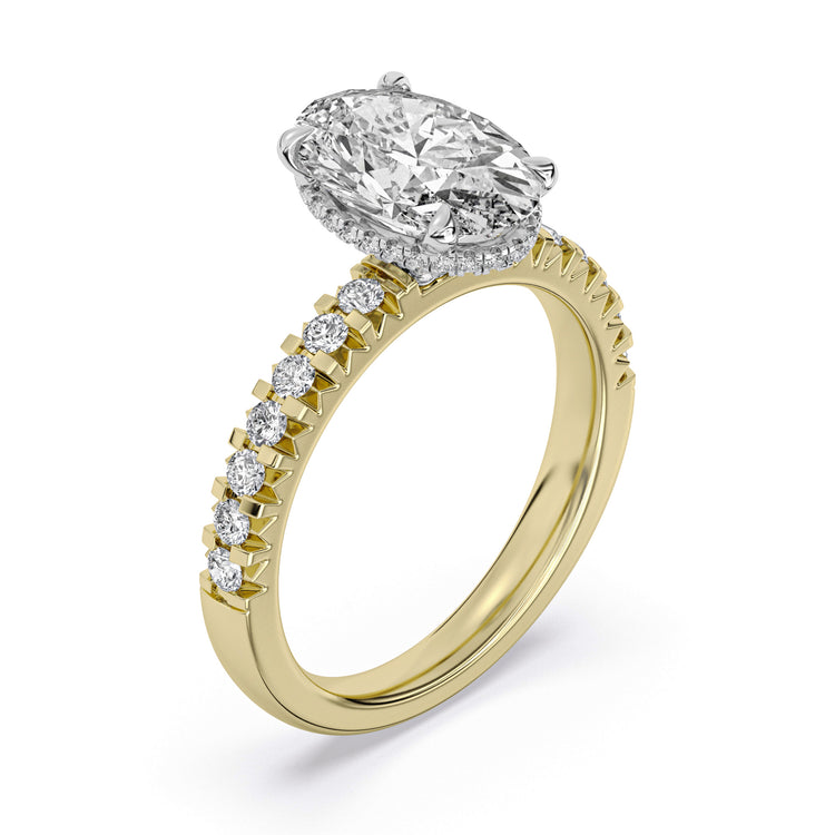 14k Yellow and White Gold Hidden Halo Engagement Ring, TrueNorth 2.50 ct Oval Center, three-quarter view