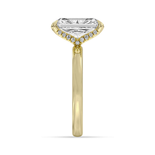 14k Yellow and White Gold Hidden Halo Engagement Ring, TrueNorth 3.09 ct Radiant Center, profile view