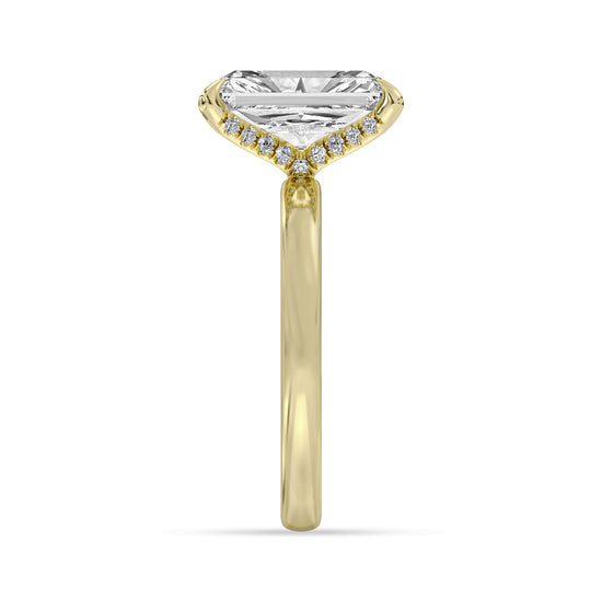 14k Yellow and White Gold Hidden Halo Engagement Ring, TrueNorth 3.09 ct Radiant Center, profile view