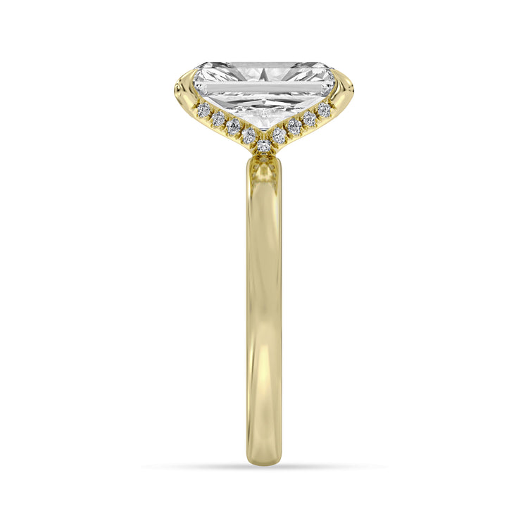 14k Yellow and White Gold Hidden Halo Engagement Ring, TrueNorth 3.09 ct Radiant Center, profile view