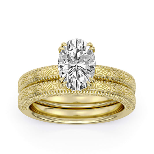 14k Yellow Gold Pattern Engagement Ring, TrueNorth 2.13 ct Oval Center, angled view