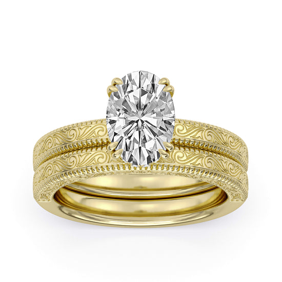 14k Yellow Gold Pattern Engagement Ring, TrueNorth 2.13 ct Oval Center, angled view