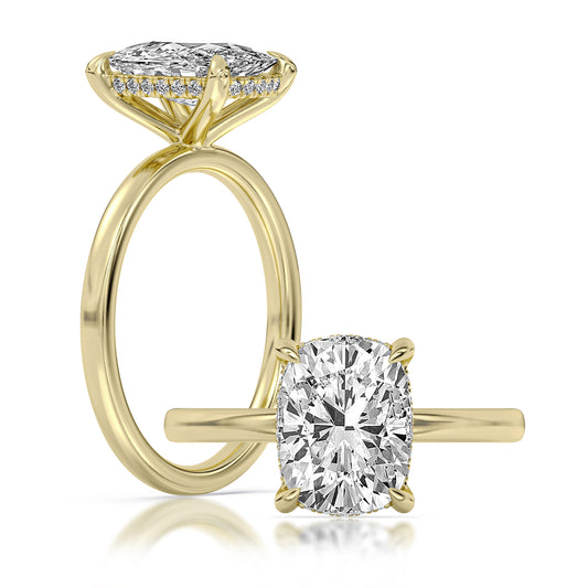 14k Yellow and White Gold Hidden Halo Solitaire Engagement Ring, TrueNorth 3 ct Elongated Cushion Center, with matching band