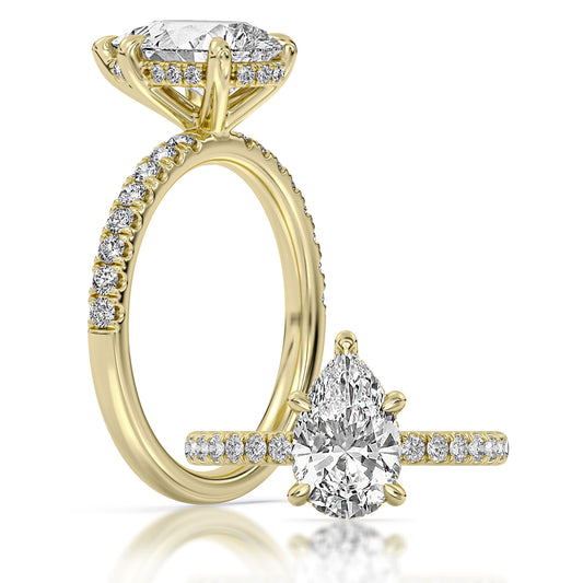 14k Yellow Gold Hidden Halo Engagement Ring with Diamond Shank, TrueNorth 2 ct Pear Center, with matching band