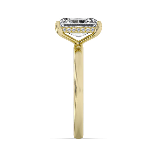 14k Yellow Gold Hidden Halo Engagement Ring, TrueNorth 2.07 ct Radiant Center, profile view