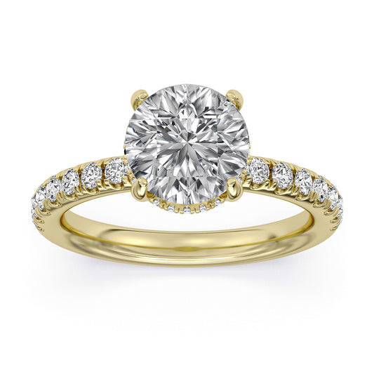 14k Yellow and White Gold Hidden Halo Engagement Ring with Diamond Shank, TrueNorth 2 ct Round Center, angled view