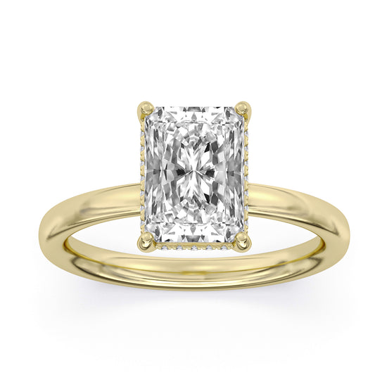 14k Yellow Gold Hidden Halo Engagement Ring, TrueNorth 2.07 ct Radiant Center, angled view