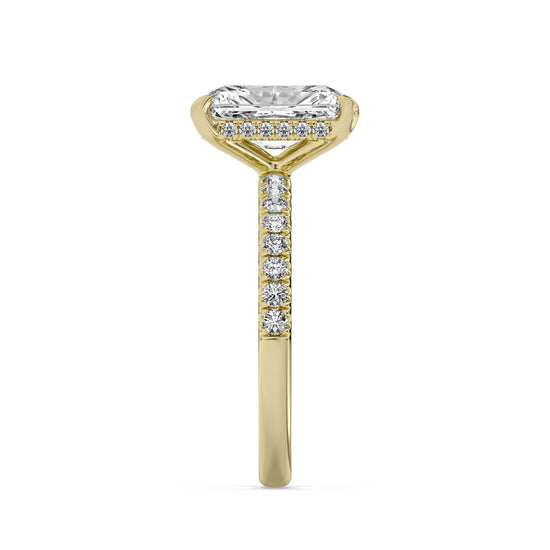 14k Yellow Gold Hidden Halo Engagement Ring, TrueNorth 3.05 ct Radiant Center, profile view