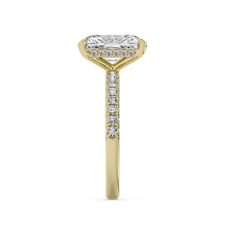 14k Yellow Gold Hidden Halo Engagement Ring, TrueNorth 3.05 ct Radiant Center, profile view