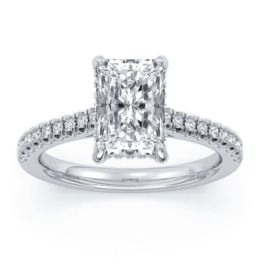 14k White Gold Halo Engagement Ring, TrueNorth 1.5 ct Radiant Center, angled view