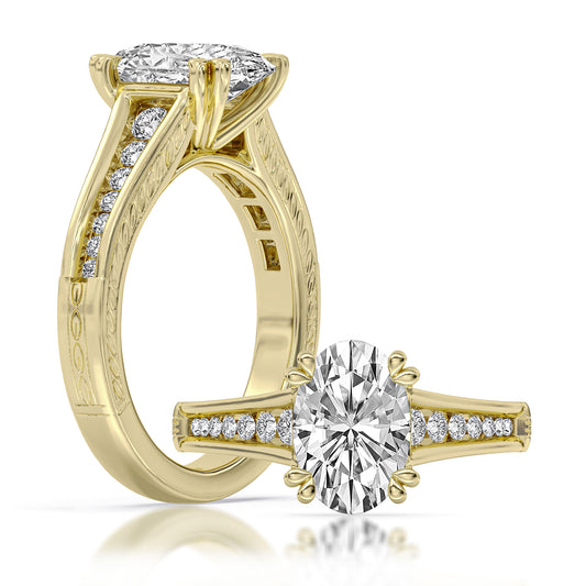 18k Yellow Gold Carved Engagement Ring, TrueNorth 2.5 ct Oval Center, with matching band