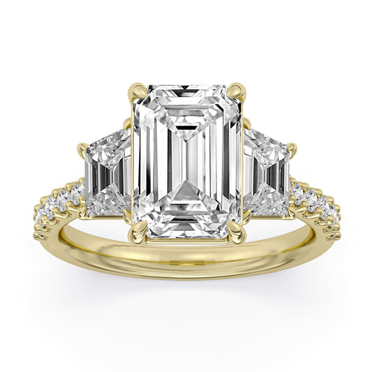 14k Yellow Gold Three-Stone Engagement Ring, TrueNorth 4 ct Emerald Center, angled view