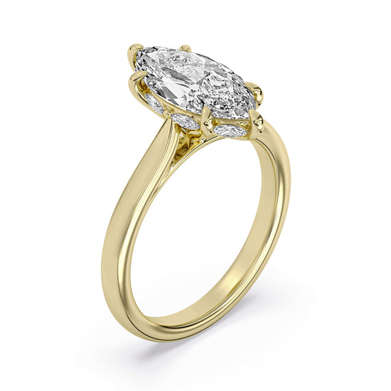 14k Yellow Gold 6-Prong Hidden Halo Engagement Ring, TrueNorth 2.50 ct Marquise Center, three-quarter view