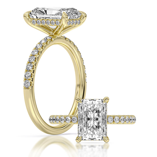 14k Yellow Gold Hidden Halo Engagement Ring with TrueNorth 100 Facet Lab-Grown Diamond 3.05 ct Radiant Center