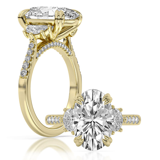 14k Yellow Gold Statement Engagement Ring, TrueNorth 5 ct Oval Center, with matching band