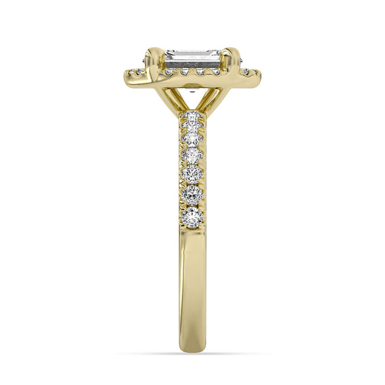 14k Yellow Gold Halo Engagement Ring, TrueNorth 2.05 ct Radiant Center, profile view