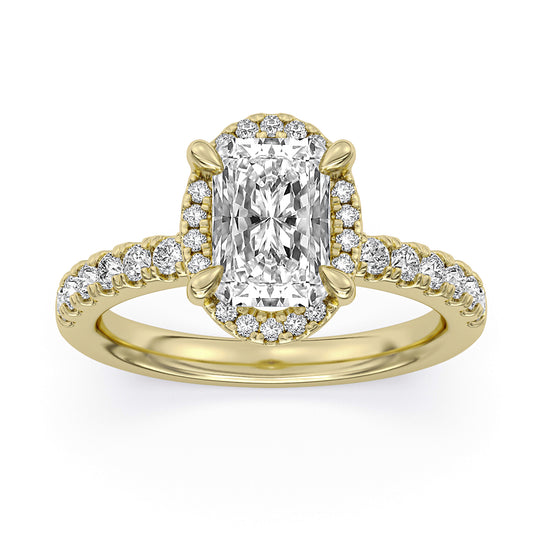 14k Yellow Gold Halo Engagement Ring, TrueNorth 2.05 ct Radiant Center, angled view