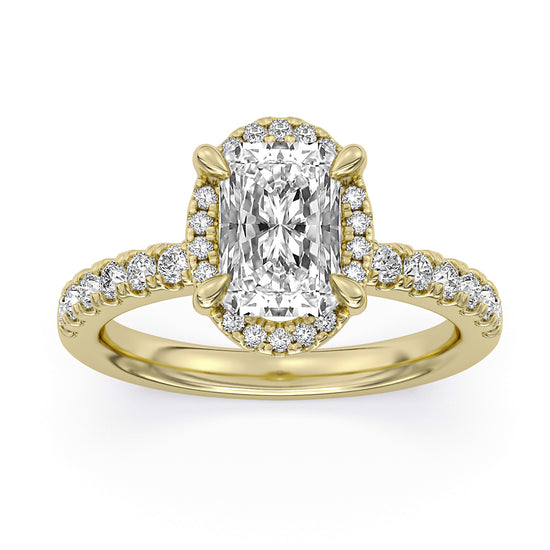 14k Yellow Gold Halo Engagement Ring, TrueNorth 2.05 ct Radiant Center, angled view